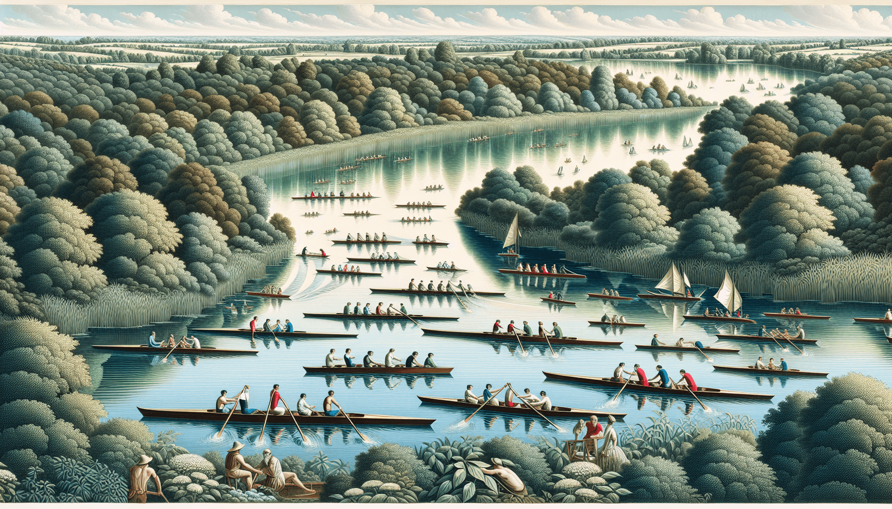 Rowing boats on a lake with greenery