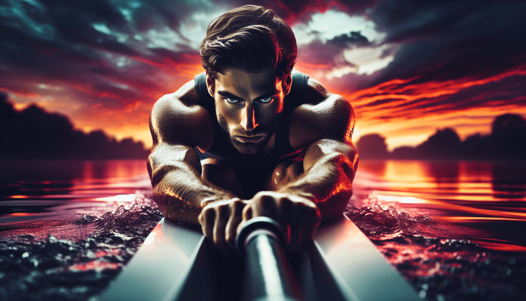 Focused rower in a race at sunset